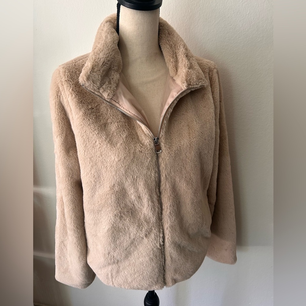 Faux Fur Zip-Front Jacket in Light Beige - Picture 1 of 2